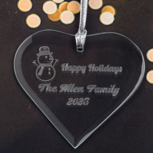 Personalized Engraved Snowman Heart Shaped Ornament