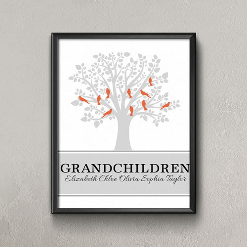 Árbol genealógico Diez pájaros naranjados Impresión personalizada del póster