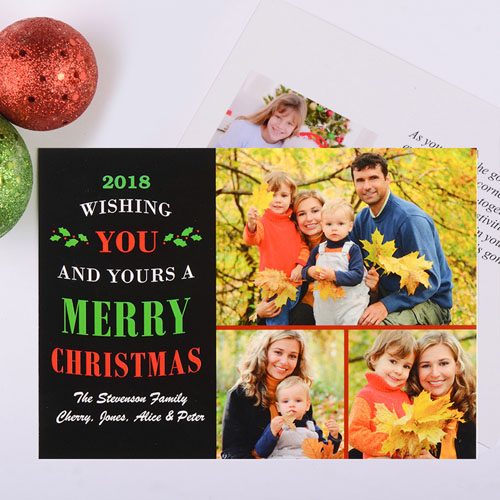 Tarjeta personalizada con collage de fotografía. Diseño deseos de Navidad