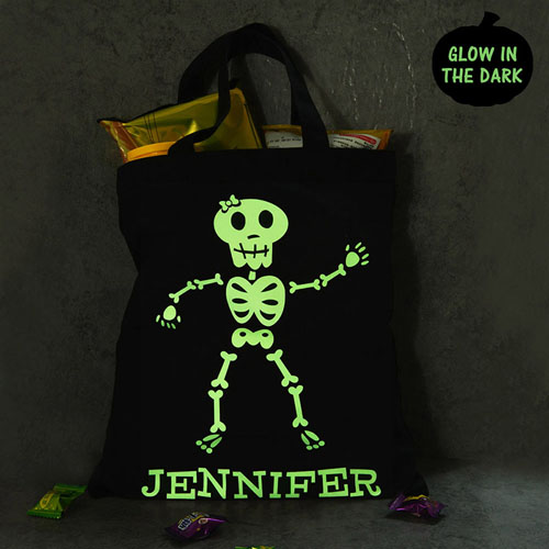 Chica Cráneo personalizados brillan en la oscuridad Halloween Bolsa de regalos negro 