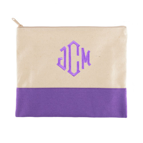 Bolsa cosmética personalizada bordada con 3 inciales y cremallera violeta (19x22.8)