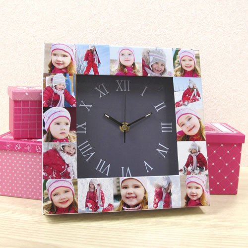 Reloj personalizado con collage de 16 fotografías en color gris