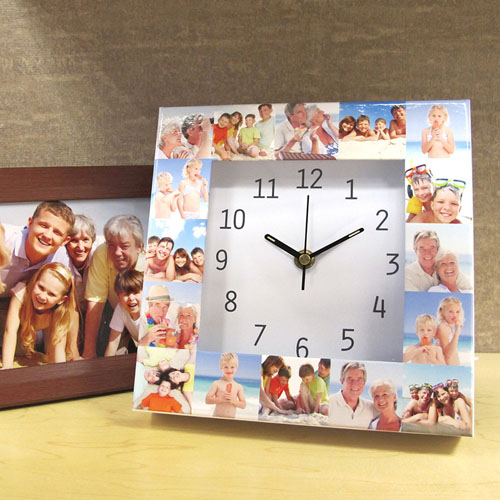 Reloj personalizado grande con collage de 16 fotografías en blanco